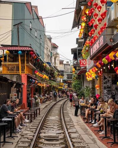 Hanoi train street — lanterns and cafés along the tracks